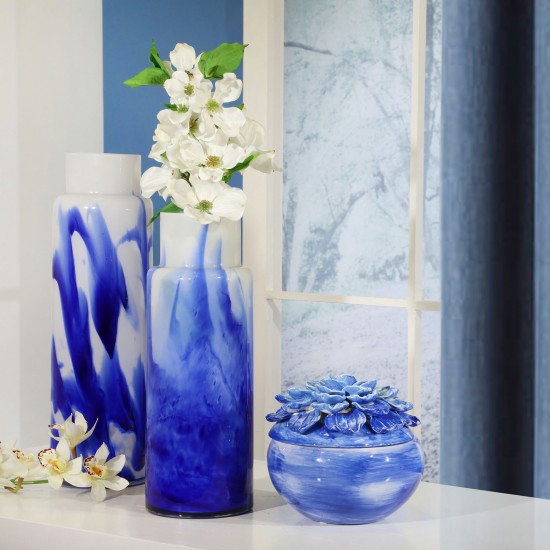 Glass Vase 13", White / Blue