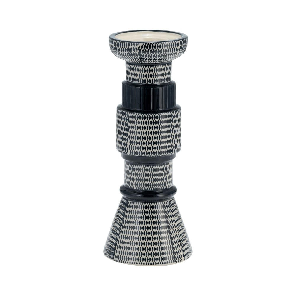 Cer,12"dotted Pillar Candle Holder,nvy Blue/cotton Cer,12"dotted Pillar Candle Holder,nvy Blue/cotton