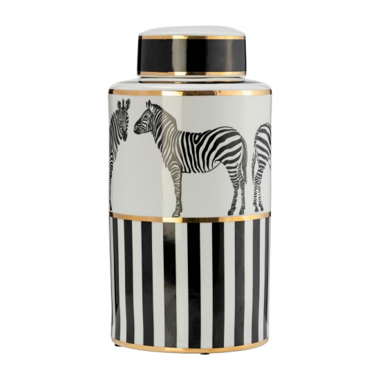 Cer, 16"h Zebra Jar W/ Lid, White/gold