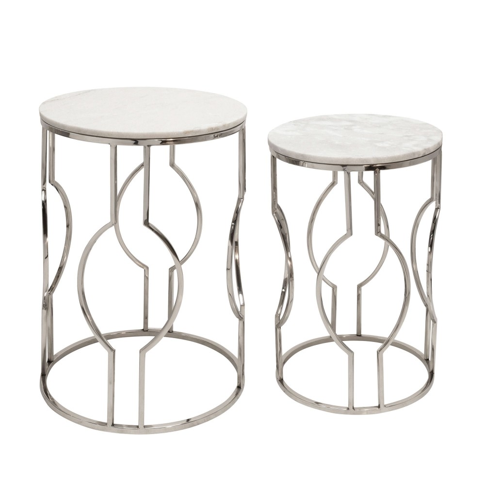 S/2 Metal/marble Round Tables, Silver