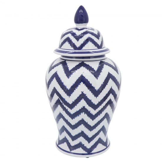 Cer, 18"h Chevron Temple Jar, Wht/blu