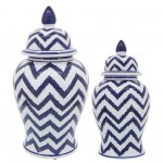 Cer, 18"h Chevron Temple Jar, Wht/blu