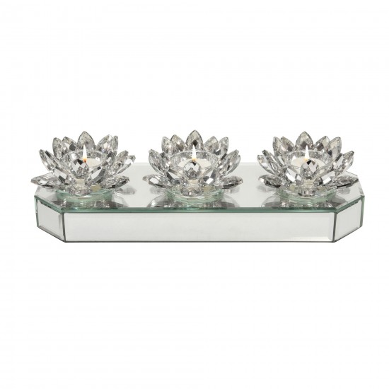 Glass 13" 3 Lotus Mirrored Candle Holder, Silver