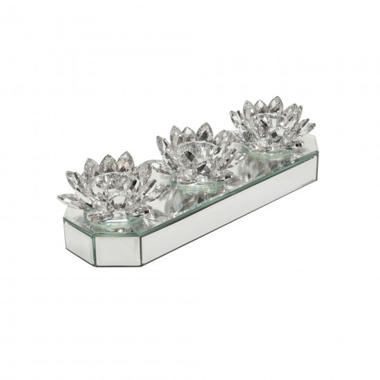 Glass 13" 3 Lotus Mirrored Candle Holder, Silver