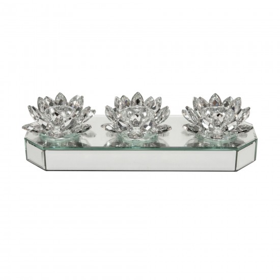 Glass 13" 3 Lotus Mirrored Candle Holder, Silver