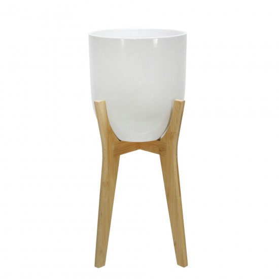 Ceramic 8" Planter W/ Wooden Stand, White