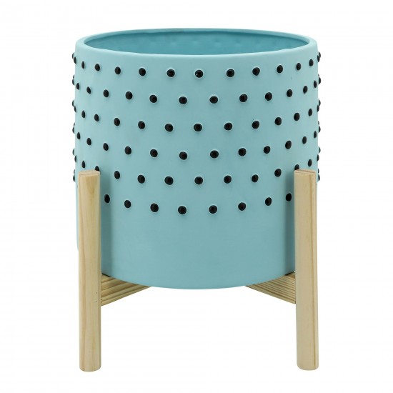 10" Dotted Planter W/ Wood Stand, Light Blue