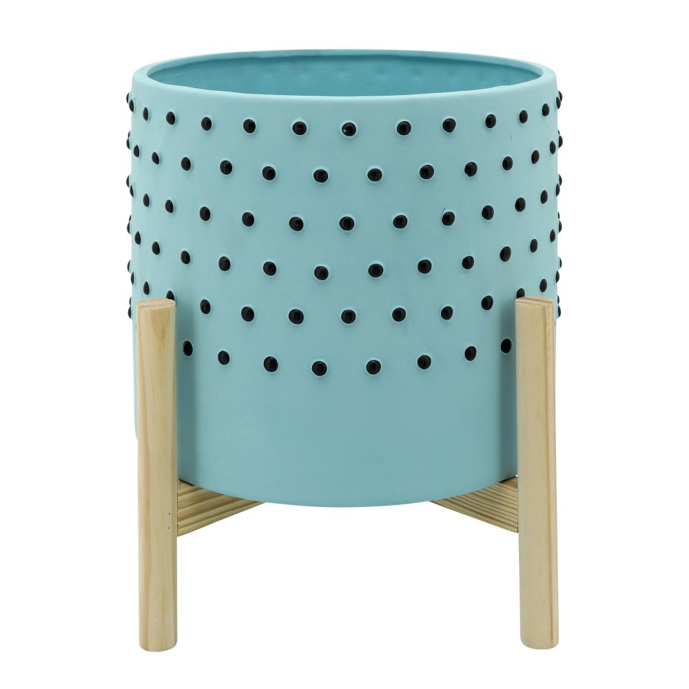 10" Dotted Planter W/ Wood Stand, Light Blue