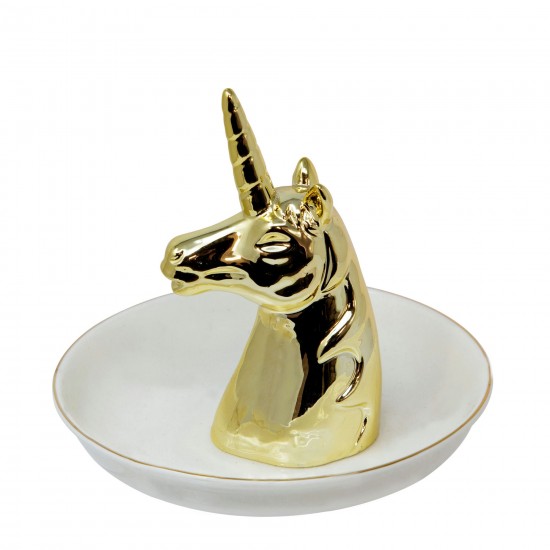 Ceramic 6" Unicorn Ring Holder, White/gold