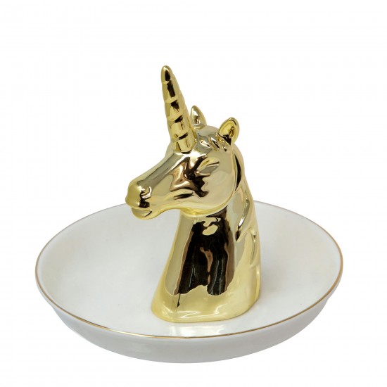 Ceramic 6" Unicorn Ring Holder, White/gold