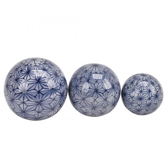 Cer, S/3 Flower Painted Orbs, 4/5/6" Blue