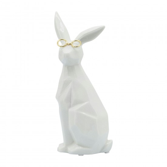 Cer, 8"h Sideview Bunny W/ Glasses, White/gold