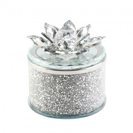 Crystal 4" Round Lotus Box, Silver