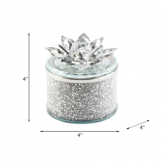 Crystal 4" Round Lotus Box, Silver