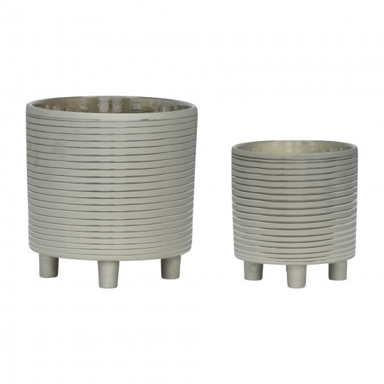 S/2 Footed Planters 9/6", Stripes, Silver