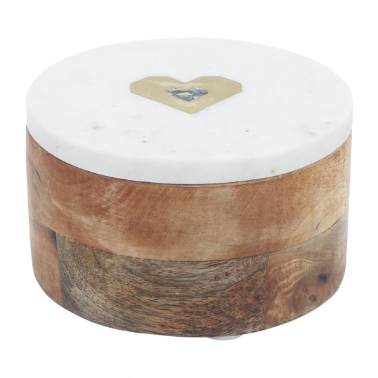 Marble/wood, 5x5 Round Box-heart, White