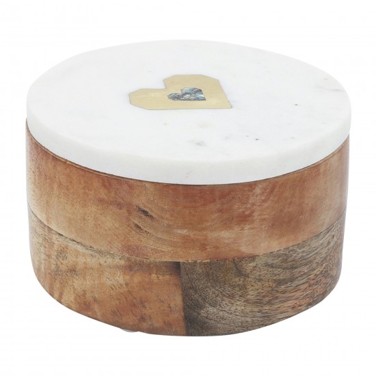 Marble/wood, 5x5 Round Box-heart, White