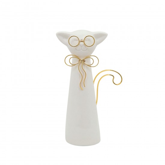 8"h Cat W/glasses Deco, White