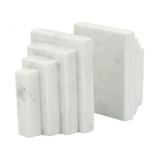S/2 Marble 5"h Block Bookends, White