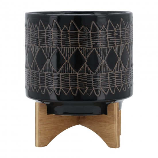 Ceramic 10" Aztec Planter On Wooden Stand, Black