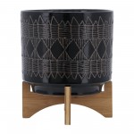 Ceramic 10" Aztec Planter On Wooden Stand, Black