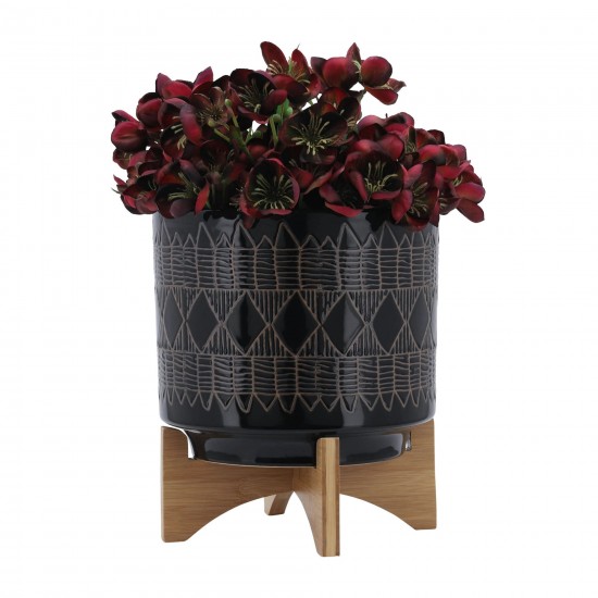 Ceramic 10" Aztec Planter On Wooden Stand, Black