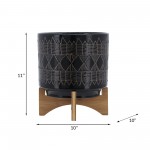 Ceramic 10" Aztec Planter On Wooden Stand, Black