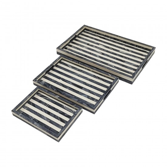 Resin, S/3 13/18/24" Striped Trays, Gray/white