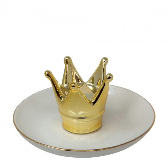 Ceramic 6" Crown Trinket Tray, White/gold