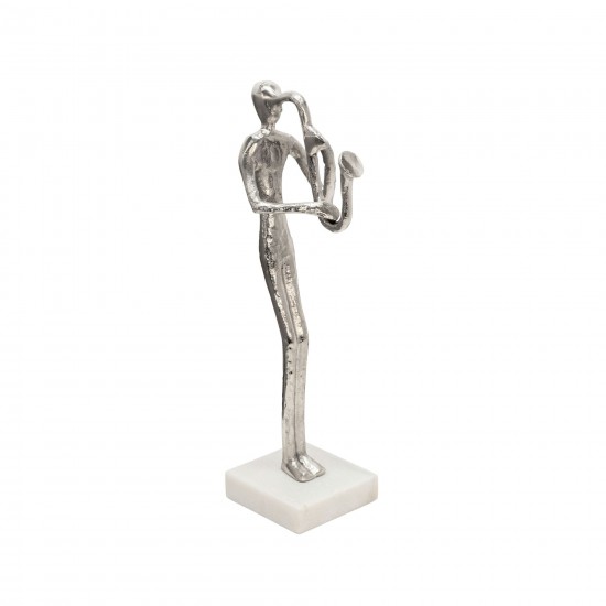 15" Saxophone Musician On Marble Base, Silver