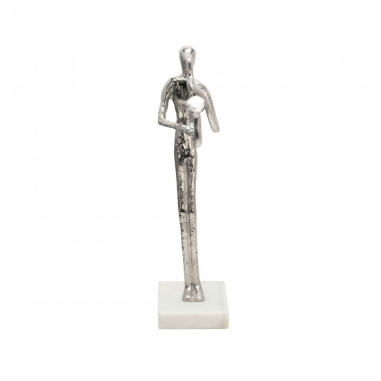 15" Saxophone Musician On Marble Base, Silver