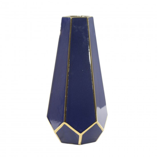 Ec, Blue/gold Faceted Vase 11"