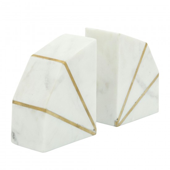 S/2 Marble 4"h Accent Bookends W/gold Inlays,wht