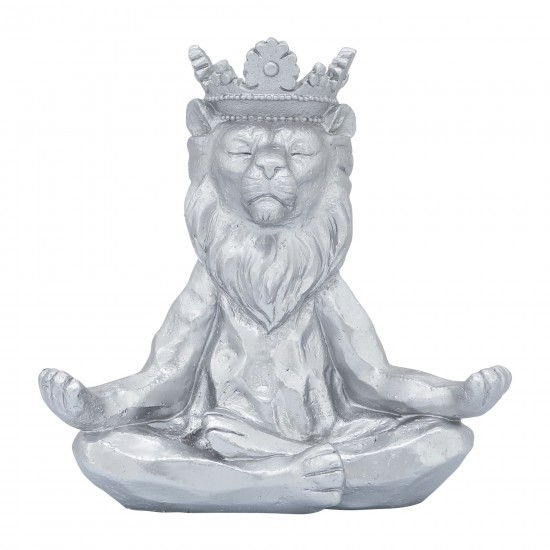 Resin 7" Yoga Lion W/ Crown, Silver