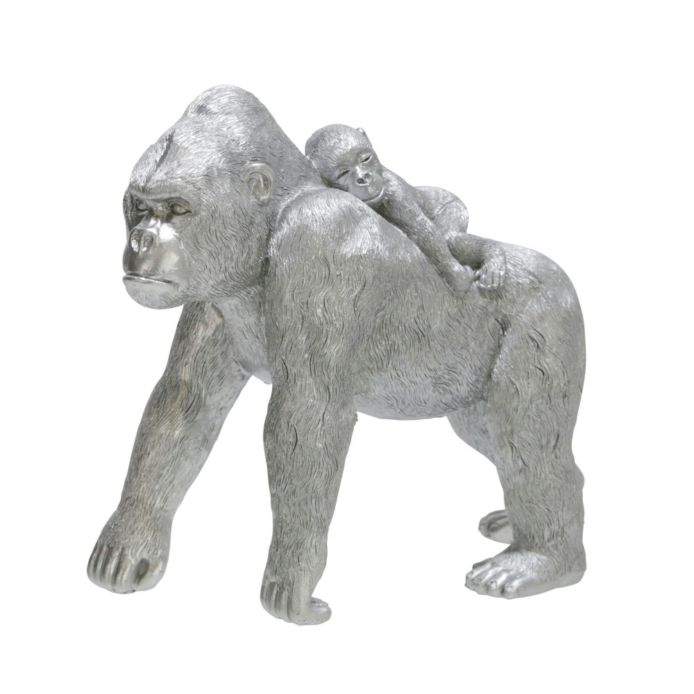 Polyresin 8" Gorilla W/ Baby Figurine, Silver