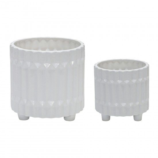 S/2 Ceramic Fluted Planter W/ Feet 6/8", White