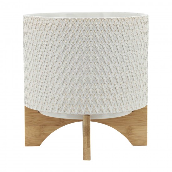 Ceramic 10" Chevron Planter On Stand, Ivory