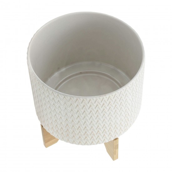 Ceramic 10" Chevron Planter On Stand, Ivory