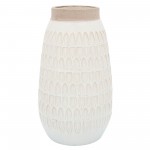 Cer, 12"h Carved Vase, White with Beige Top