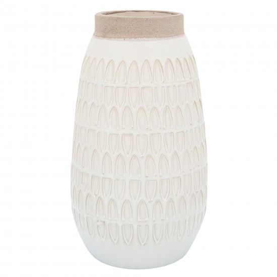 Cer, 12"h Carved Vase, White with Beige Top