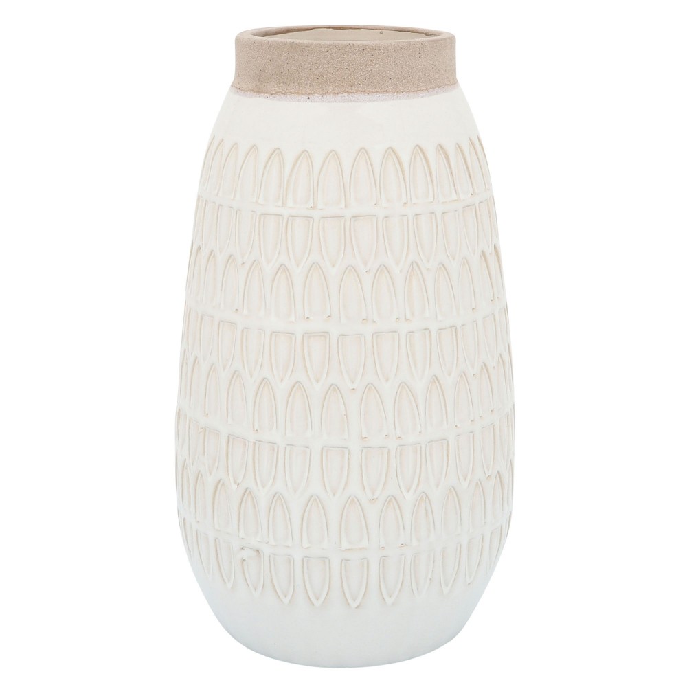 Cer, 12"h Carved Vase, White with Beige Top