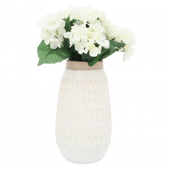 Cer, 12"h Carved Vase, White with Beige Top