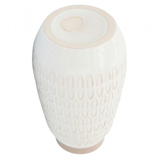 Cer, 12"h Carved Vase, White with Beige Top