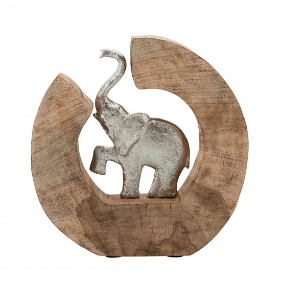 Aluminum Elephant In Mango Wood, Silver/brown