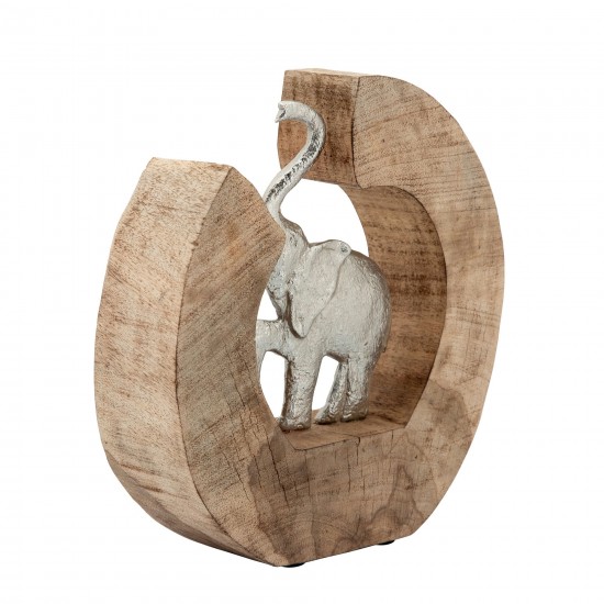 Aluminum Elephant In Mango Wood, Silver/brown