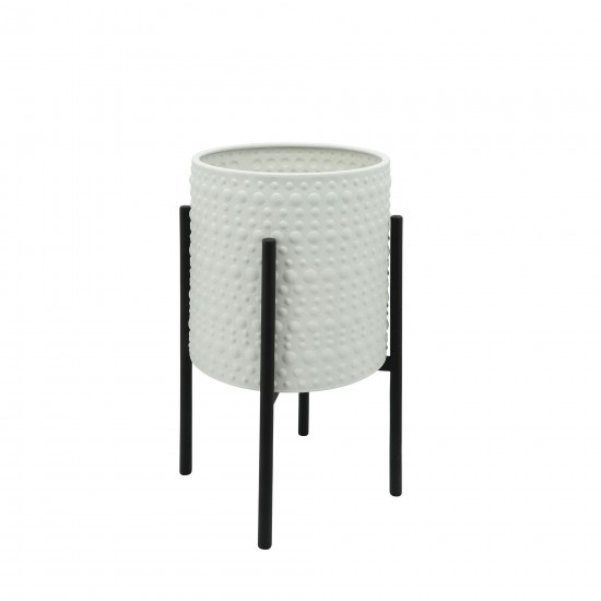 S/2 Dotted Planters In Metal Stand, White