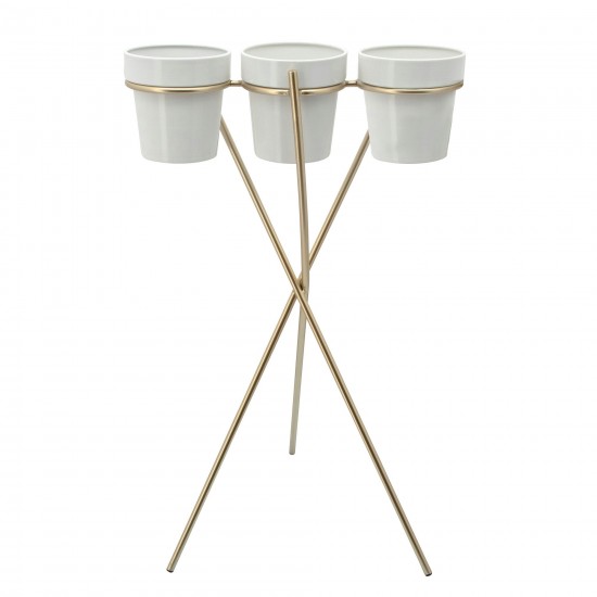 3-cup Metal Planter On Gold Stand, White