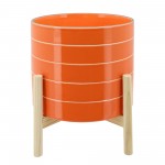 10" Striped Planter W/ Wood Stand, Orange