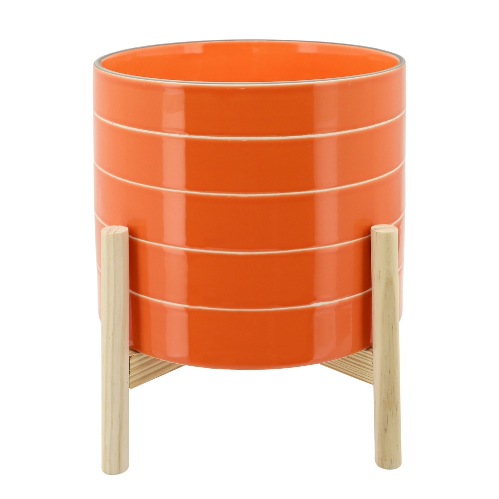 10" Striped Planter W/ Wood Stand, Orange