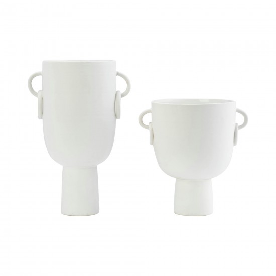 Cer, 10"h Vase With Handles, White